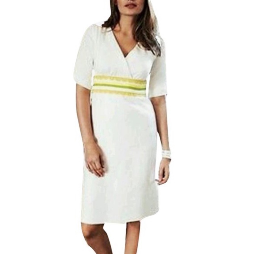 Boden womens Ivory Scallop linen Trim Casual Dress 6P